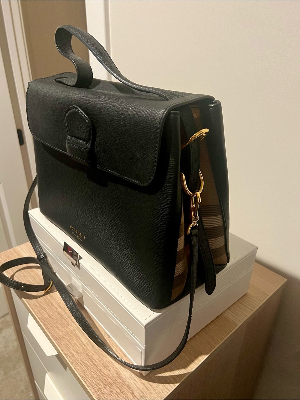 Burberry Black Leather Satchel with Vintage Check Trim and Gold Hardware